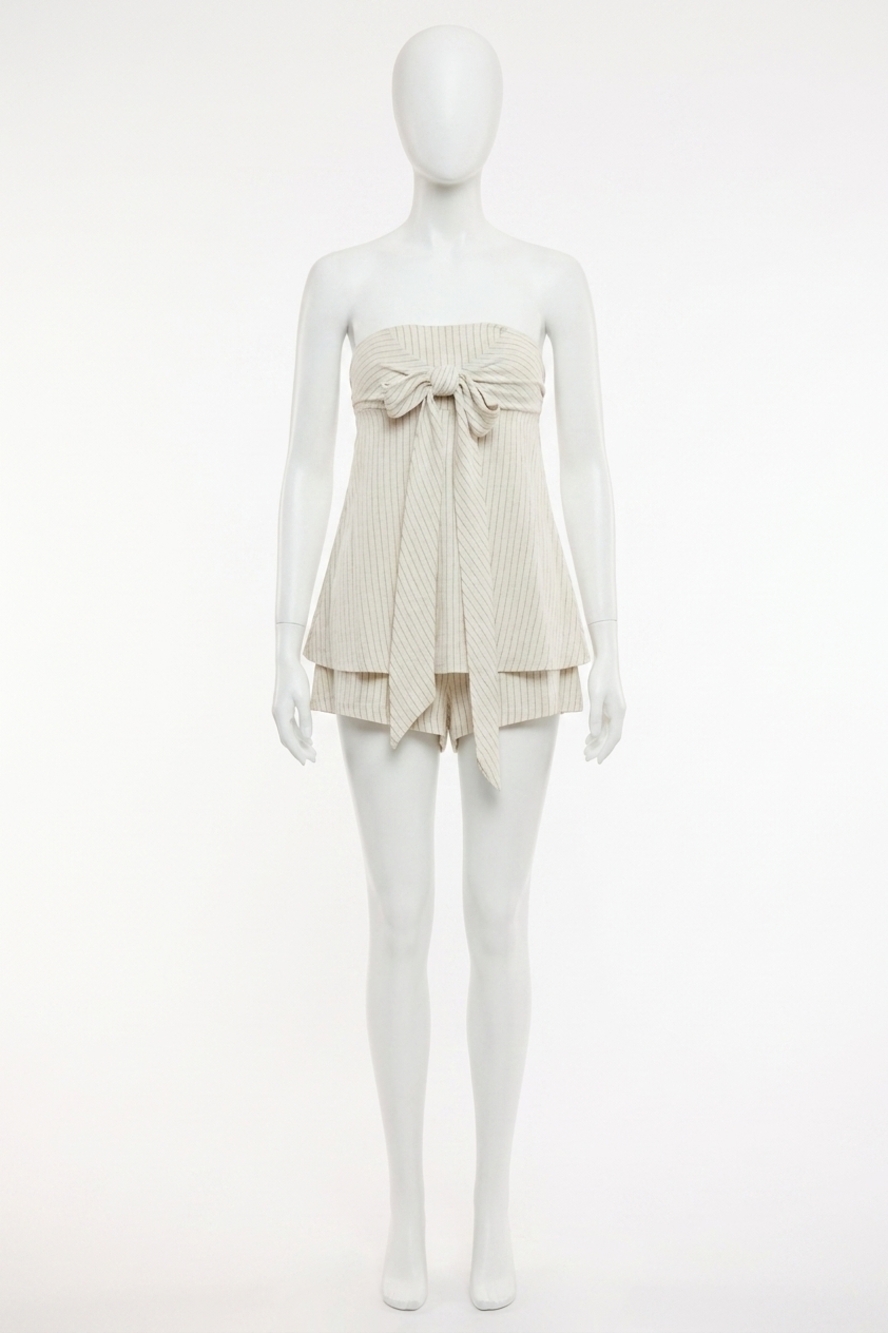 NEW SKY TO MOON luna coast strapless striped tie-front romper in natural stripe